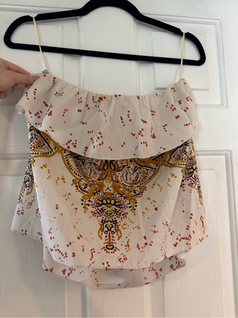Free People Sleeveless Ruffle Crop Top - Cream with Mustard & Rust Print